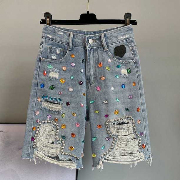 Pantalones cortos vaqueros de cintura alta con cuentas de diamantes de imitación para mujer, ropa de calle de tendencia, pantalones cortos, verano 2023