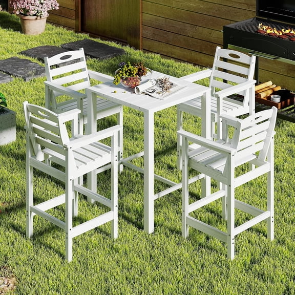 LQLI HDPE Adirondack Patio Table and Chairs Set of 5, Outdoor HDPE Patio Bar Set, All Weather Bar Chairs and Table Set for Patio, Balcony, Backyard, Poolside, White