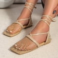 thumbnail image 2 of Women's Mesh Wrap-Up Heels Square Toe Fishnet Sandals Strappy Flat Slides Summer Closed Toe Beach Party Shoes（Gold，Size 9.5), 2 of 7