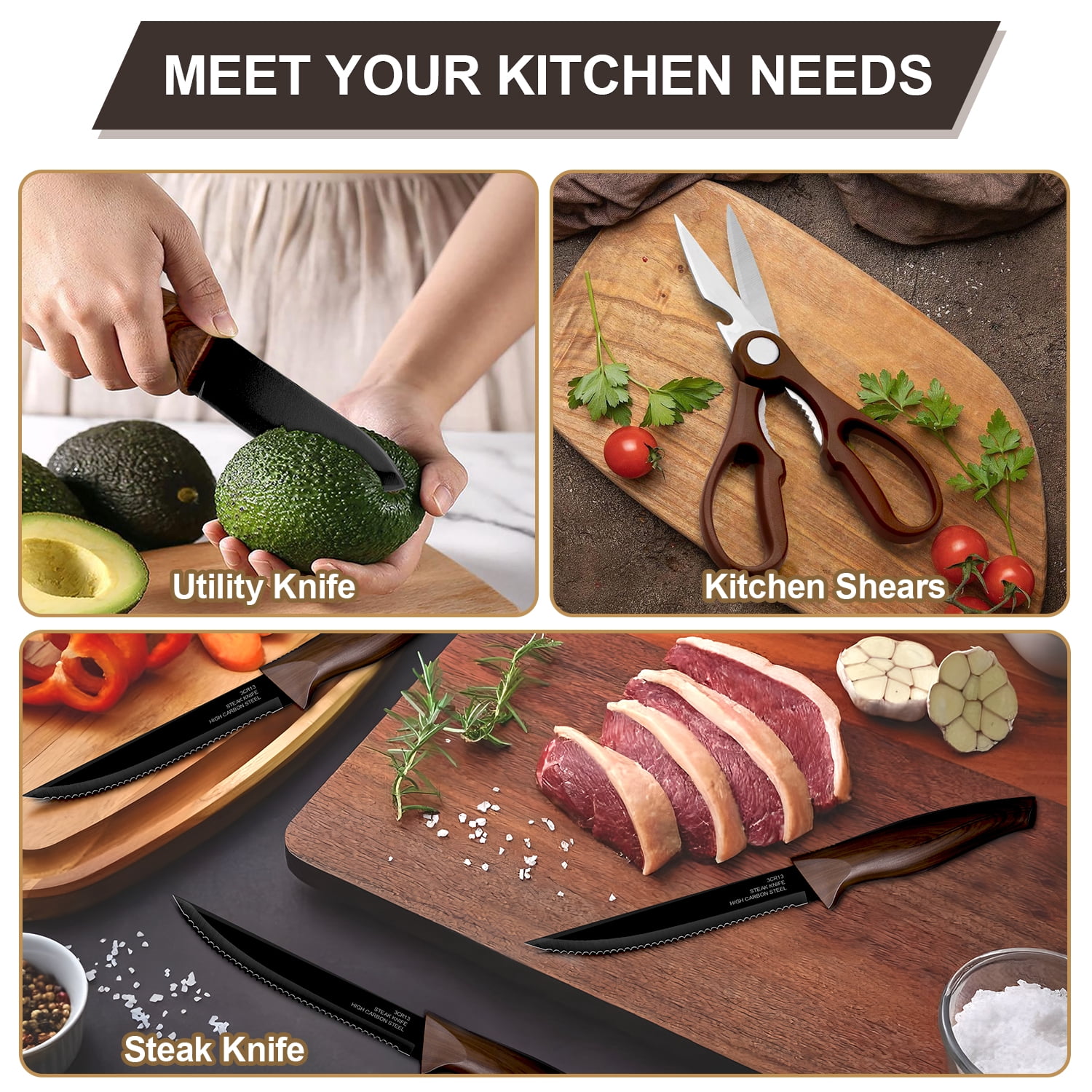Walchoice 15 Pieces Knife Set with Block, High Carbon Stainless Steel Kitchen Knife Set with Sharpener, Rust Resistant & Dishwasher Safe - Walnut Brown