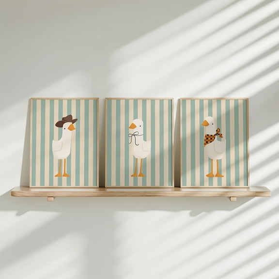 Set of 3 Unframed Silly Goose Wall Art, Blue Stripes Cowboy Bow Bandana Goose Posters, Minimalist Animal Bedroom Canvas Painting Wall Decor