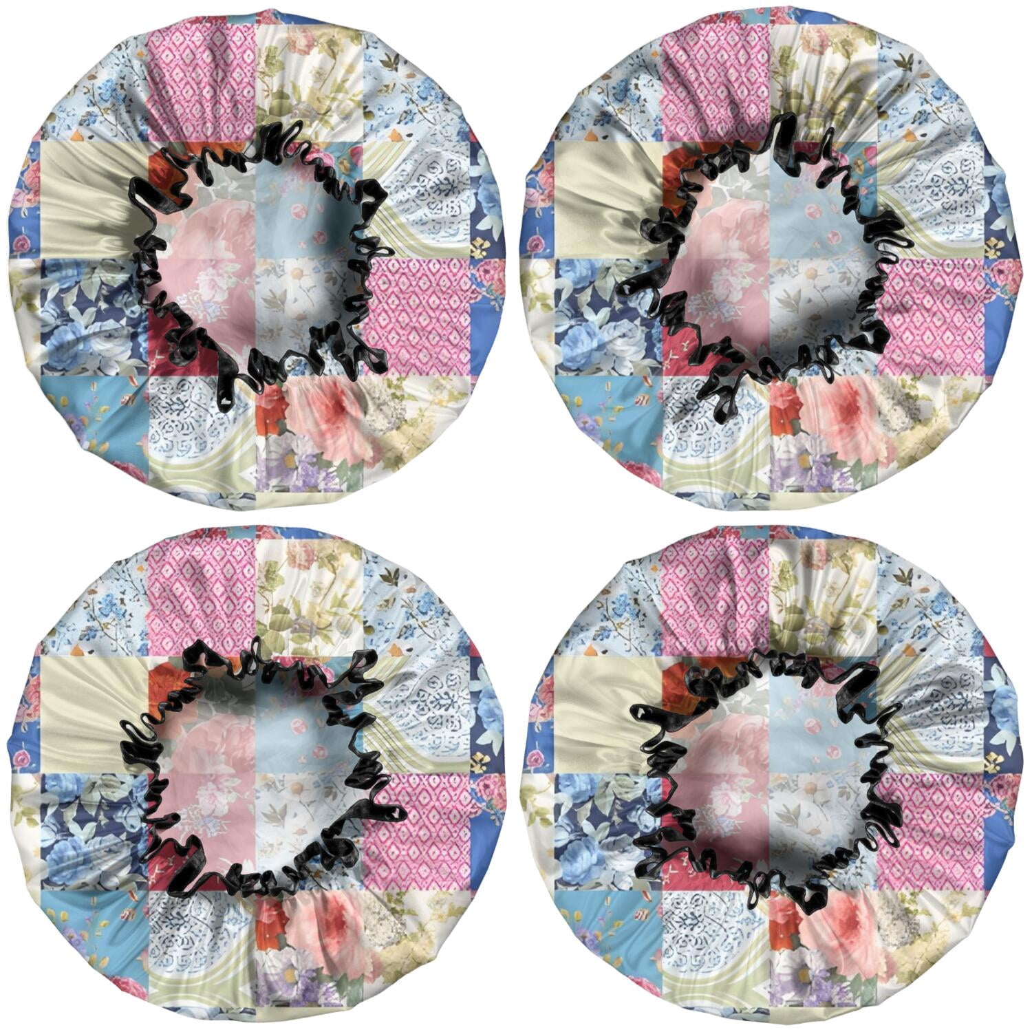 Shower Caps,Patchwork Pioneer Flower Waterproof Shower Cap for Women 4 Pieces,Double Reusable Hair Cover for Shower PEVA Elastic Stretch Hem