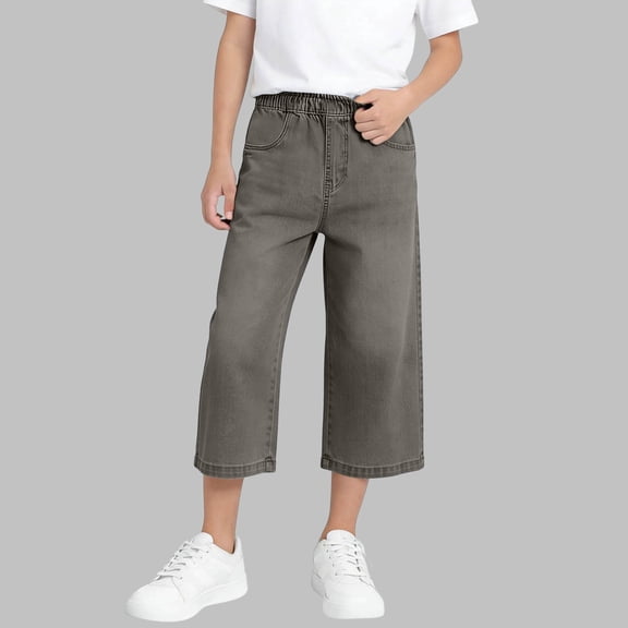 Capri Jeans for Boys Casual Summer Drawstring Elastic Waist Straight Wide Leg Jeans Pant Stretch Denim Relaxed Fit Comfortable