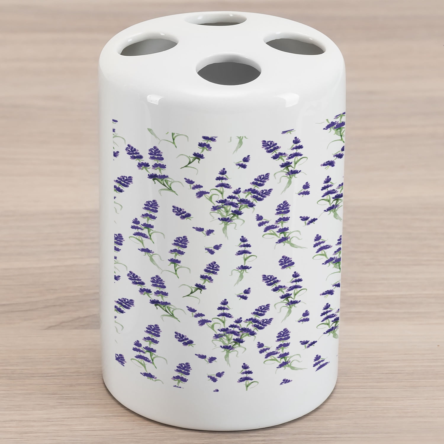 Flower Ceramic Toothbrush Holder, Watercolor Lavender Flowering Fragrant Pale Plant Essential Oil Extract Temperate, Versatile Countertop for Bathroom, 4.5' X 2.7', Violet Green, by Ambesonne