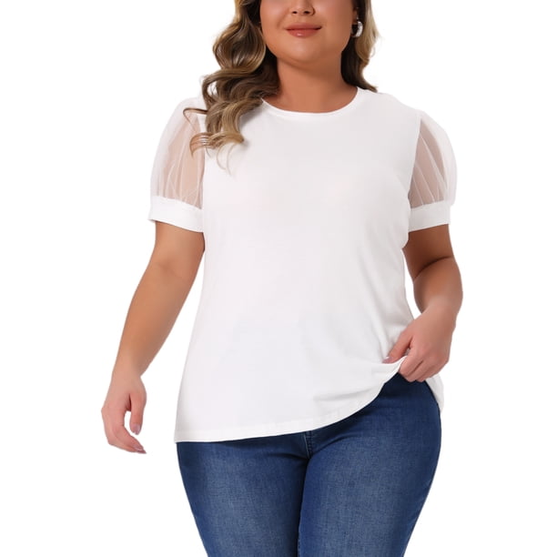Blusa casual de mujer de talla grande Agnes Orinda, camiseta de manga corta de malla, cuello redondo, color blanco 2025 4X