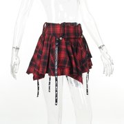 Aellinatey Dark Goth Women Checkered Pleated Ruffle Eyelets Bandages A Line Mini Skirt