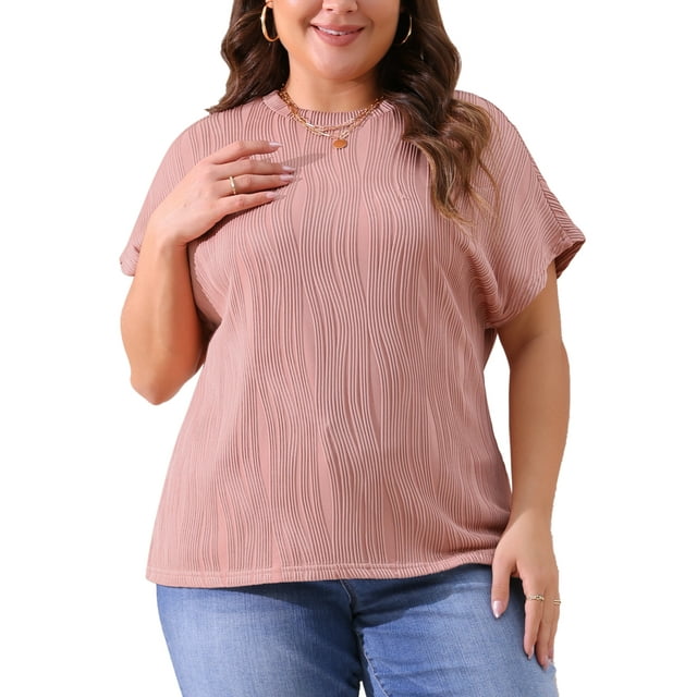 Blusas casuales de punto sólido de cuello redondo y manga corta para mujeres de tallas grandes Agnes Orinda 2X en color rosa