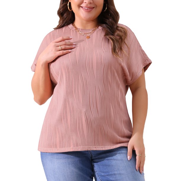 Blusas casuales de punto sólido de cuello redondo y manga corta para mujeres de tallas grandes Agnes Orinda 2X en color rosa