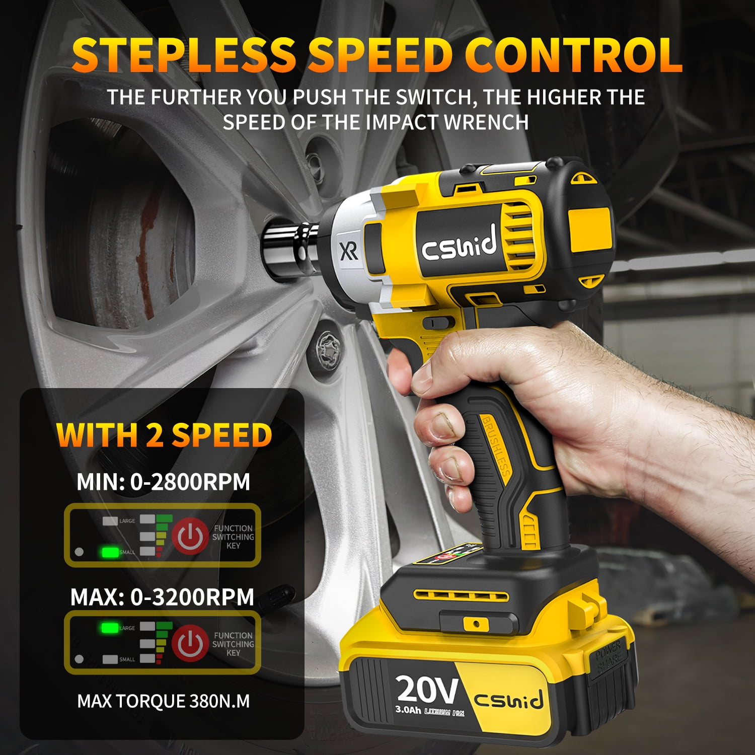 Cshidworld Cordless Impact Wrench 1/2", 20V Powerful Brushless Motor w/ 2-Mode Speed, Power Impact Wrench W/ 5 Sockets,8 Drill,6 Screws, Max Torque 280 ft-lbs (380N.m), Includes 2 x 3.0A Batteries