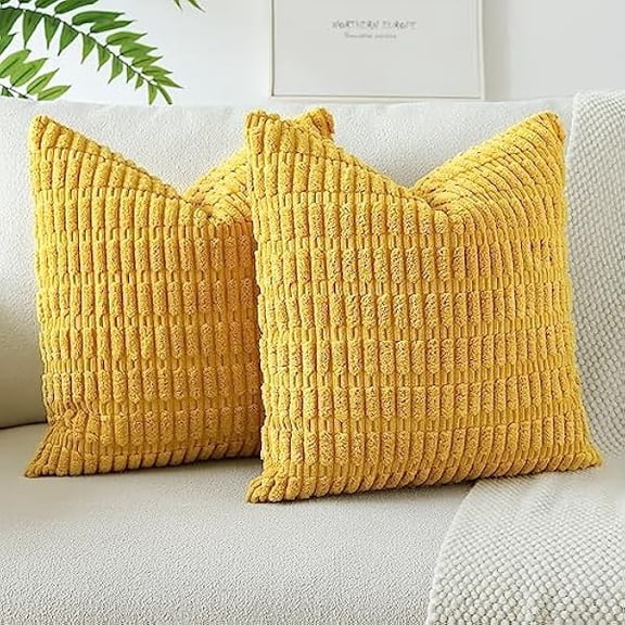 Eryueer Corduroy Soft Striped Decorative Throw Pillow Covers 22x22 Inch Cushion Covers 55x55 cm Cushion Case Square Pillowcase for Couch Sofa Living Room Bed Home Boho Decor Set of 2 (Mustard Yellow)