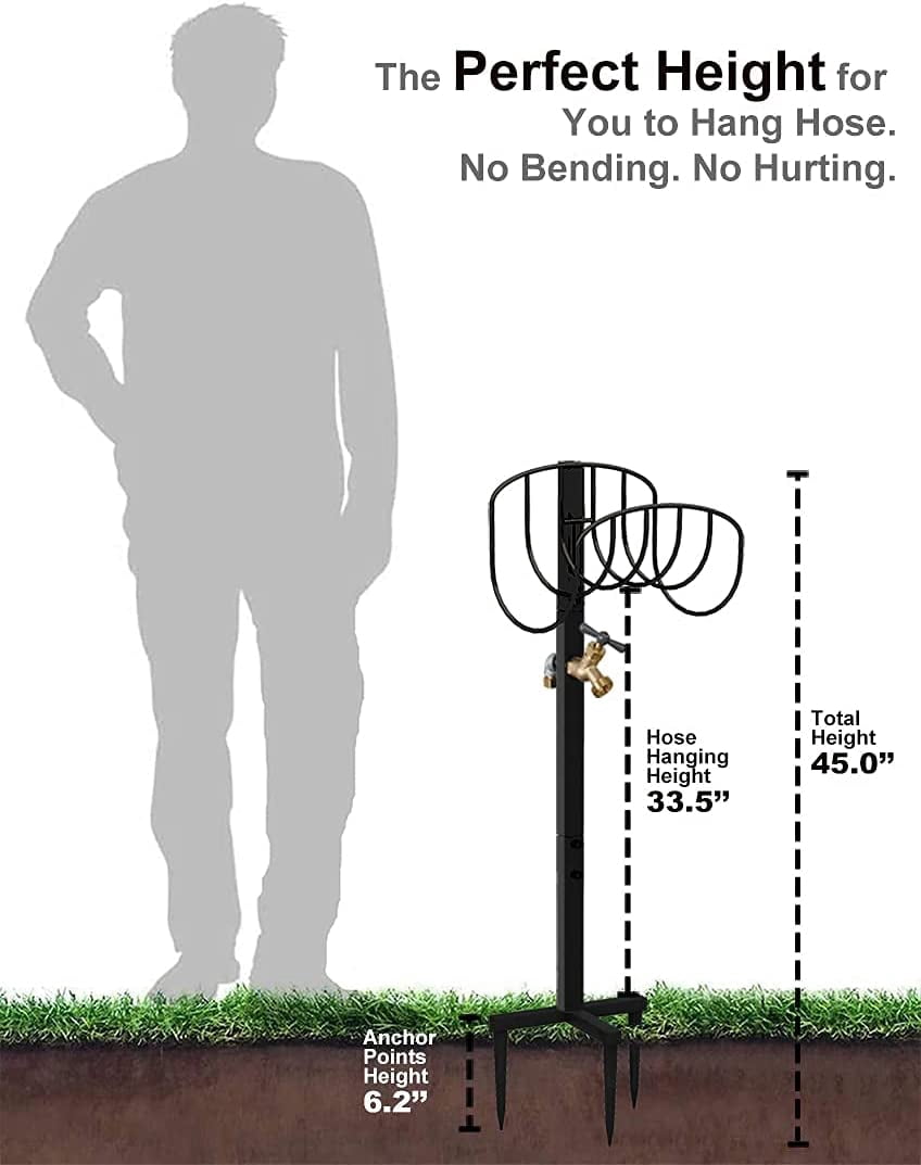 Freestanding Garden Hose Holder Stake with Brass Faucet, Heavy Duty Metal Water Pipe Storage Stand Rack for Outdoor