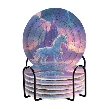 

6-Pack Coiled Coasters Set with Storage Rack Heat-Resistant for Home Office or Gift A White Unicorn (3.94in Diameter)