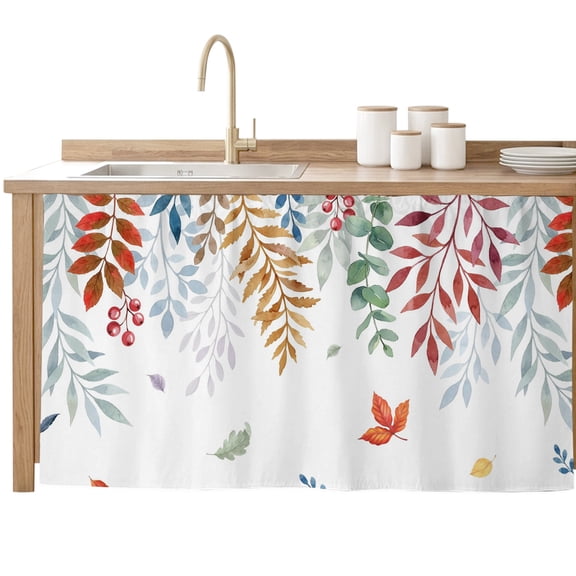 Colorful Leaves Fall Sink Skirt for Bathroom, Self-Adhesive Under Sink Curtain, Autumn Botanical Thanksgiving Hide Pipes & Storage Fabric Cabinet Skirt Cover for Kitchen Laundry 32"x55"