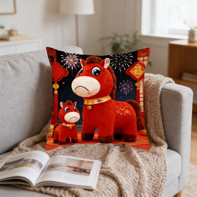 Uuiauoio Horse Zodiac Pillow Cover Flocked Plush Cute Animal Design Throw Pillow Case for Sofa Bed Living Room Home Decor Year of the Horse Theme