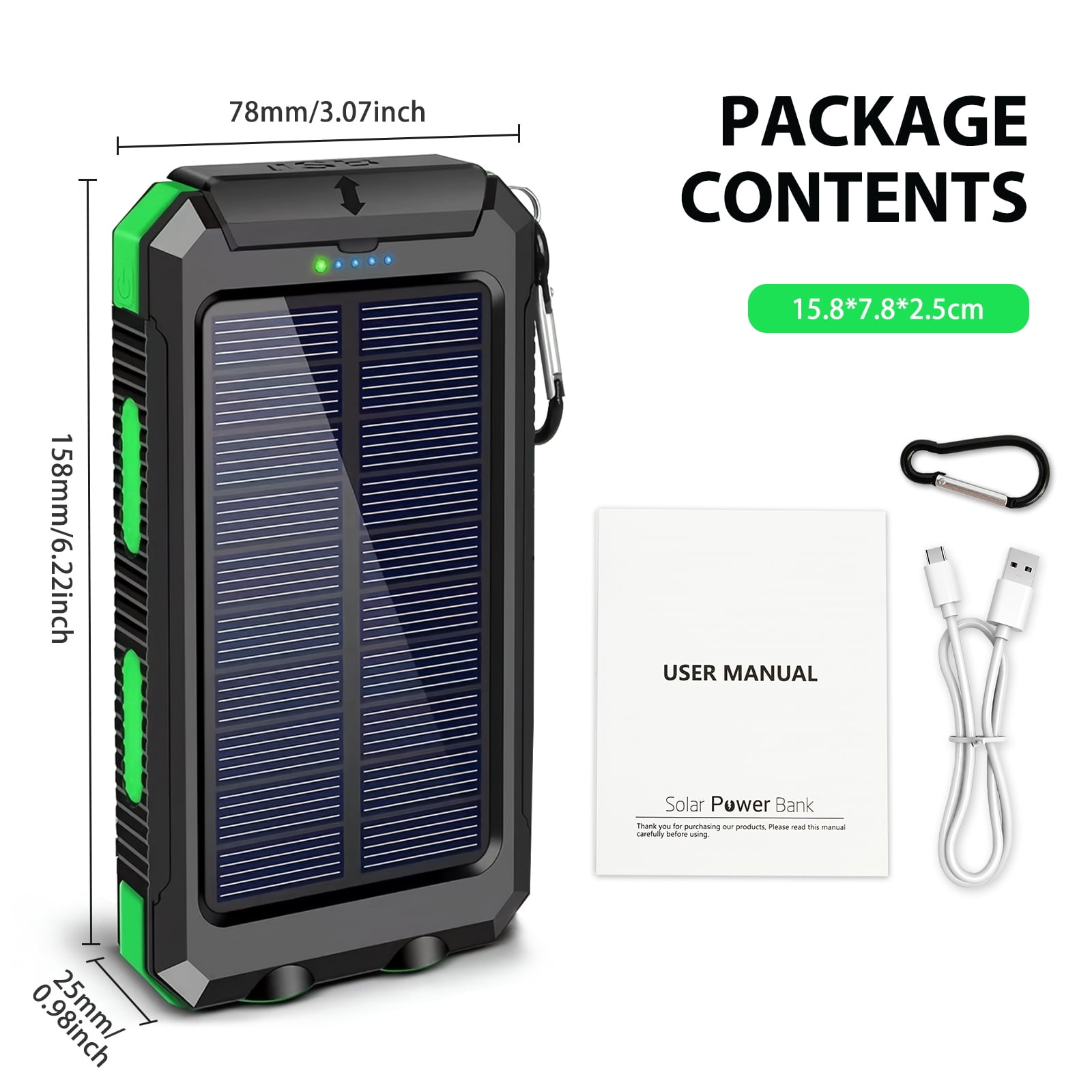 2PK BAOKALER 30000mAh Solar Charger for Cell Phone iPhone, Portable Solar Power Bank with Dual 5V USB Ports, 2 Led Light Flashlight, Compass Battery Pack for Outdoor Camping Hiking(Green)
