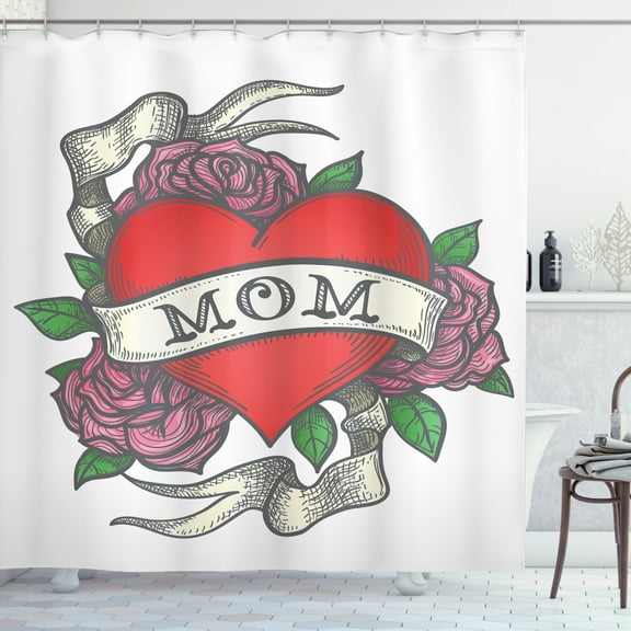 Ambesonne Retro Shower Curtain, Heart with Roses and Mom, 69"Wx75"L, Multicolor