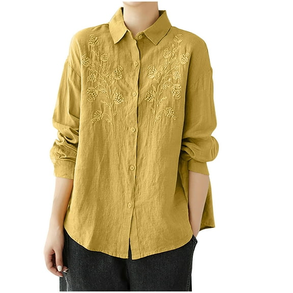 aidice Cotton Linen Tops for Women Casual Lapel Neck Long Sleeve Button up Lightweight Embroidery Shirts