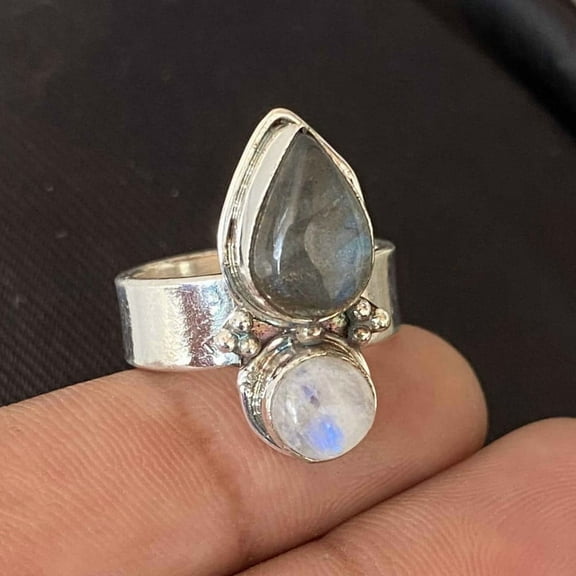 Natural Rainbow Moonstone Labradorite Silver Ring
