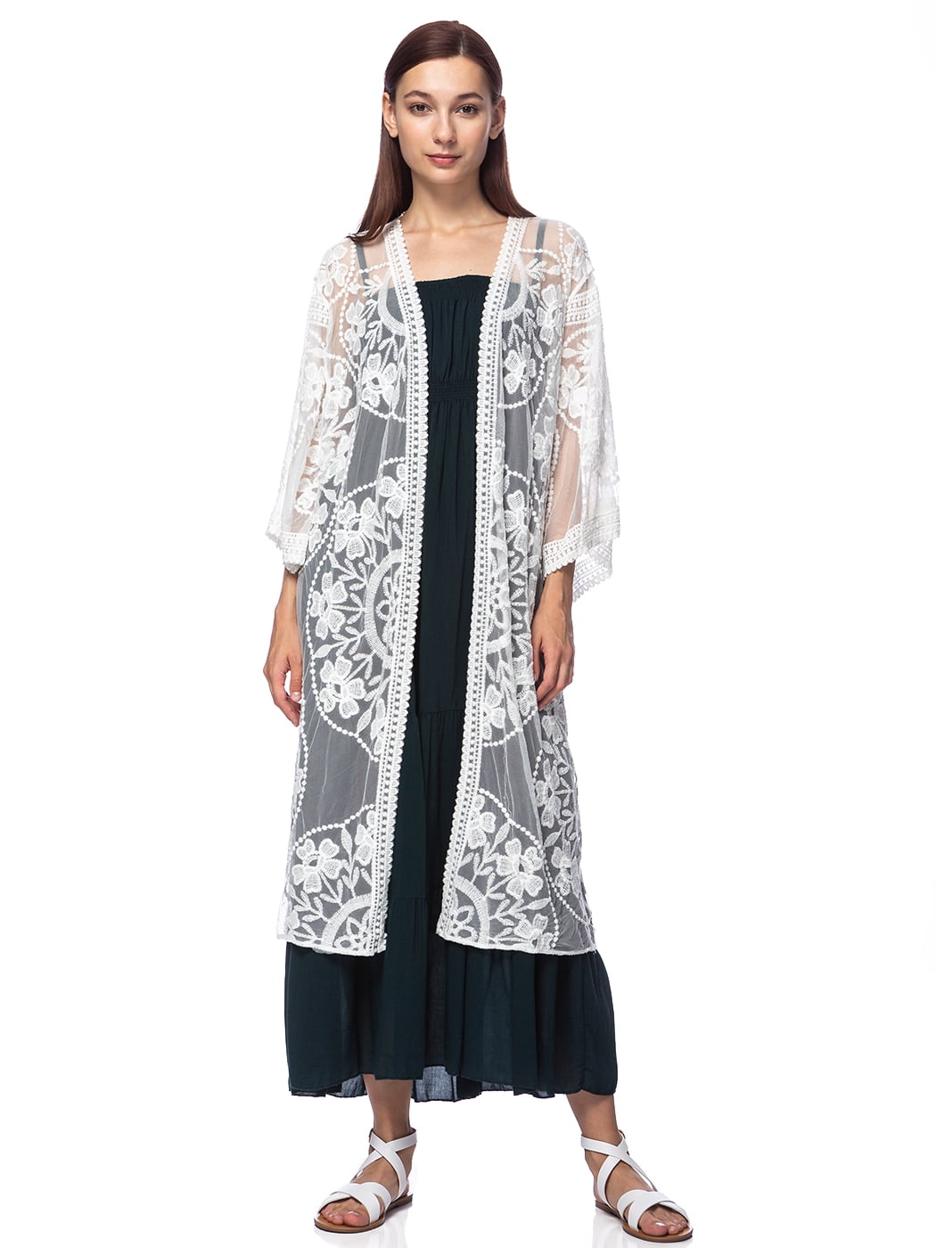 Womens Long Embroidered Lace Kimono Cardigan with Half Sleeves - Walmart.com