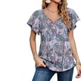 thumbnail image 2 of Aoochasliy Blouses for Women Clearance Women Summer Casual Boho Floral Printed V-Neck Chiffon Tops Drawstring Short Sleeve Blouses Shirt, 2 of 9