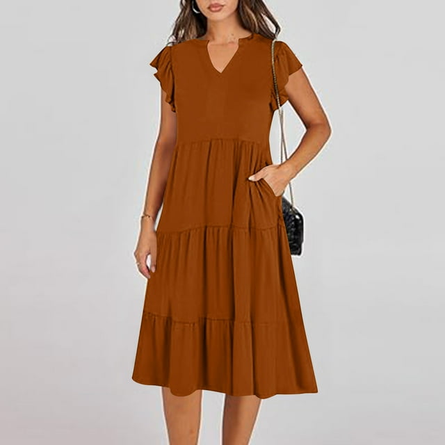LOVZFMLL Dresses Women's Summer Solid Color SleevelessV-Neck Dress