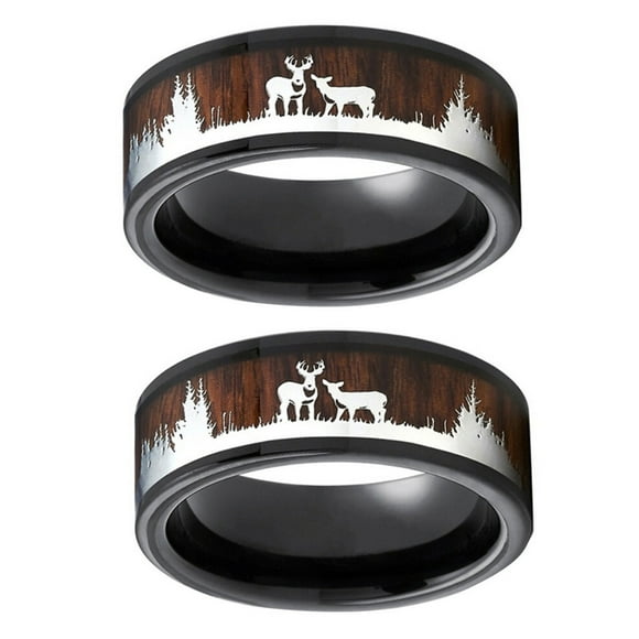 TopLLC Rings for Women Black Ring Wood Inlay Deer Stag Silhouette Ring Mens Wedding Jewelry Gifts