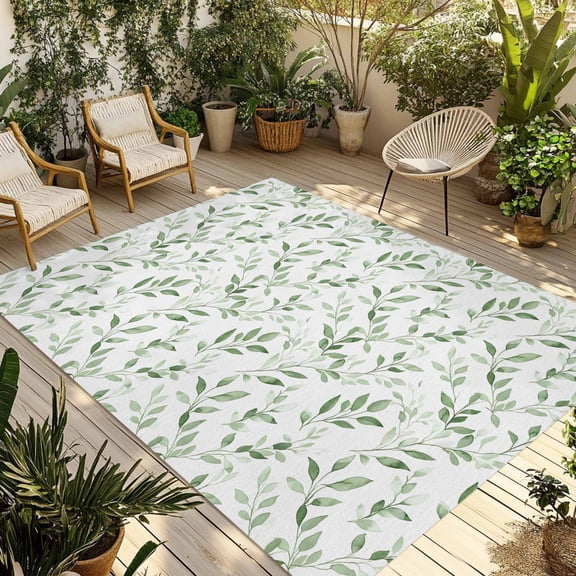Green Leaves Outdoor Rug 3x5 Ft - Reversible Patio Rug Outdoor Camping Rugs, Summer Botanical Watercolor Pastoral Washable Indoor Outdoor Area Rugs, Non-Slip Outdoor Carpet Runner for Deck/Porch