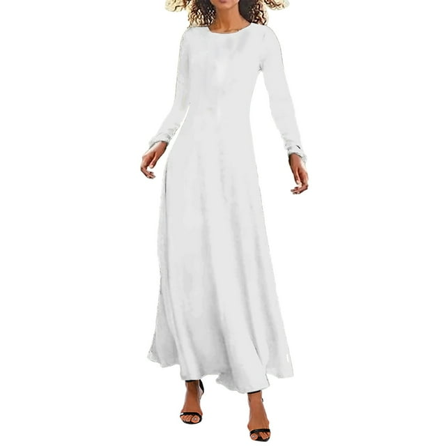 WTXUE Robes Maxi, Robe Maxi Trapèze à Manches Longues à Col Rond, Robe Longue Bohème Décontractée à Fleurs Ample Unie pour Femme Grande Taille, Blanc Taille TG