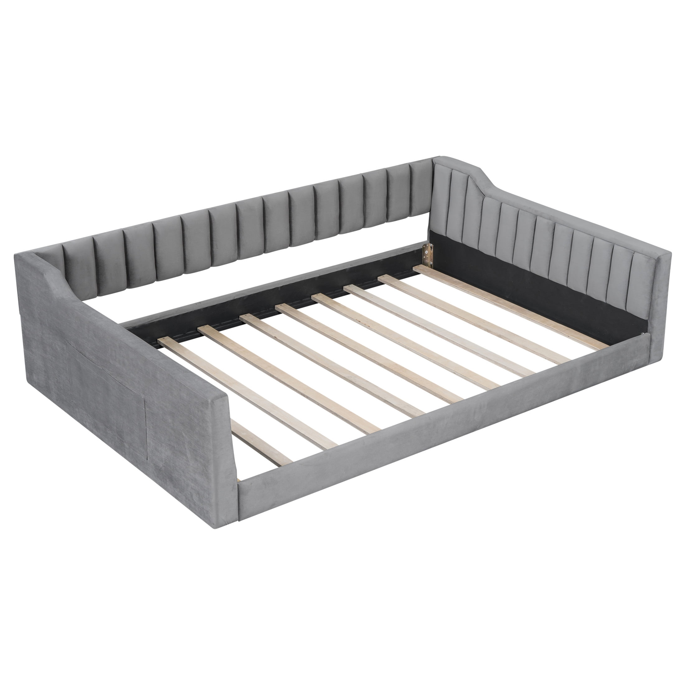 Noble House Full XL Upholstered Daybed, Velvet Vertical Channel Tufting with Side Storage Pocket, Space Saving, Gray