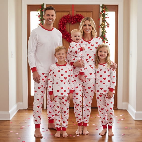 Rdhnmea Family Matching Valentine's Day Pajama Set Heart Print Long Sleeve Shirt Tops and Pants Valentines Sleepwear Holiday Pjs Outfits