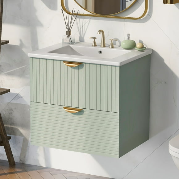 Sumdeal 24-inch Wall-Mounted Bathroom Vanity with Double Drawers, Green Modern Space-Saving Cabinetry, and Porcelain Sink for Small Bathrooms.