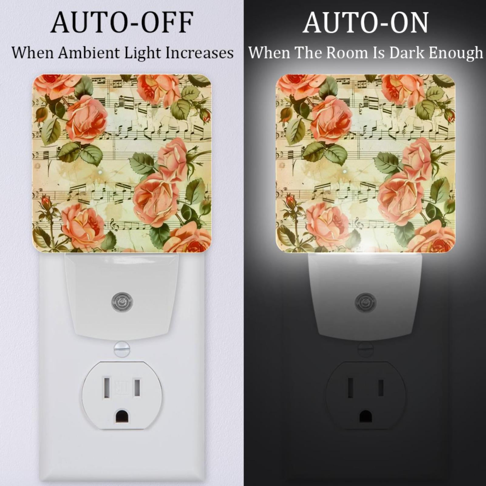 PhooArto Vintage Rose Flower and Music Notes Pattern Plug in LED Night Light Auto Sensor Dusk to Dawn Decorative Night for Bedroom, Bathroom, Kitchen, Hallway, Stairs, Baby's Room, Energy Saving