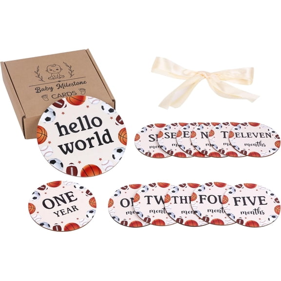 Sports Milestone Cards, Baby Monthly Milestone Markers, Wooden Milestone Cards, 13PCS Sports Double Sided Hello World Newborn 1-12 Months Circles Discs Signs Props
