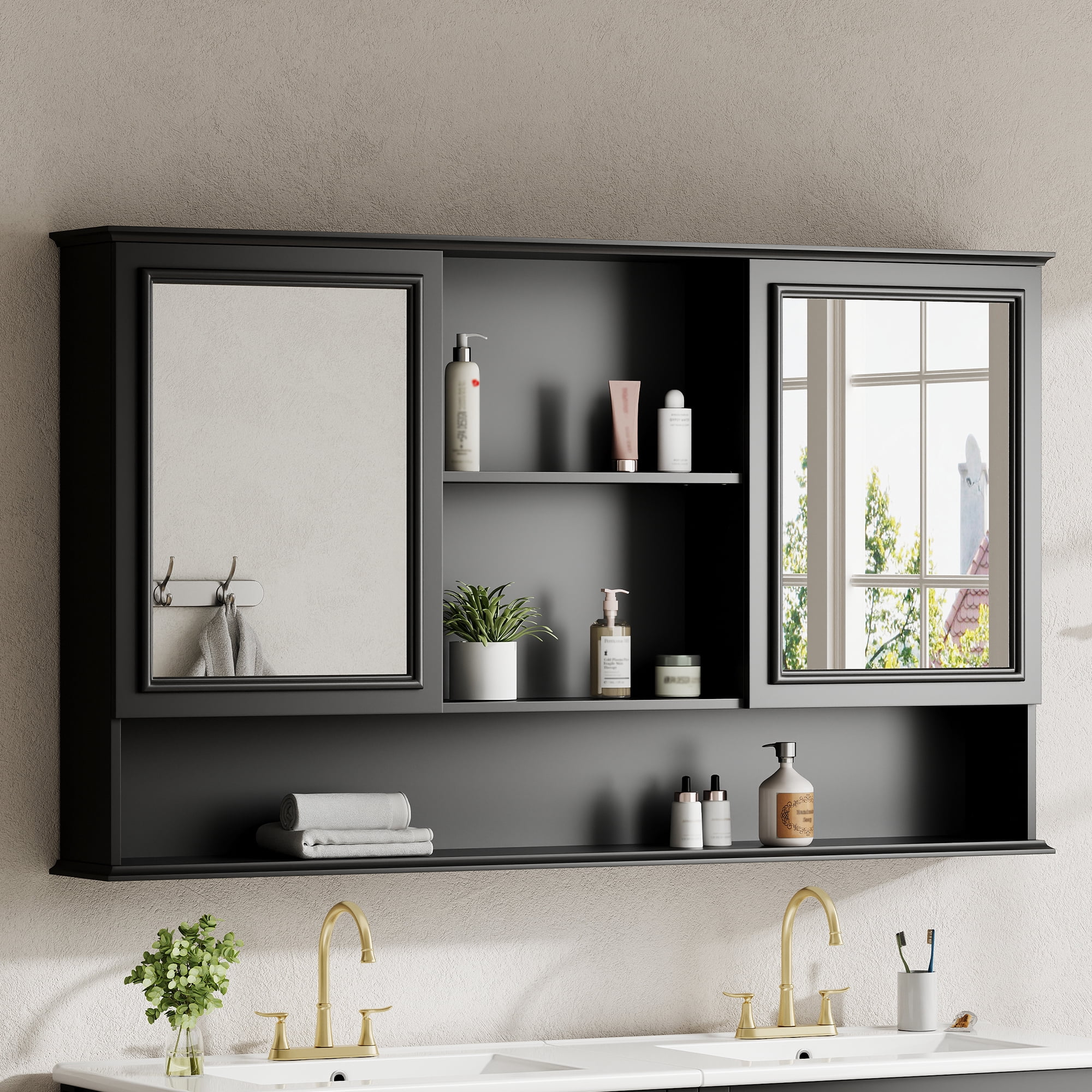 Mintazer 60" Wall Mounted Bathroom Medicine Cabinet with 2 Mirrored Doors, Adjustable Shelves & Soft Close Hinges for Bathroom Laundry Room, Black