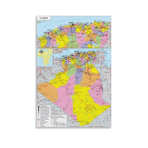 Algeria Map Posters Poster Cool Artworks Painting Wall Art Canvas Prints Hanging Picture Home Decor Posters Gift 12x18inch(30x45cm)