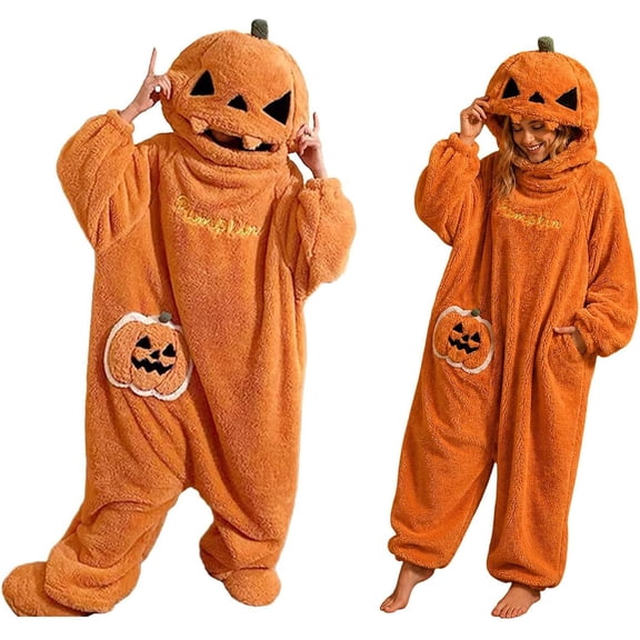 Guvpev Pumpkin Onesie Adult Halloween Funny Hooded Jumpsuit Pajamas Oversized Winter Warm Plush Long Sleeve Cozy Loungewear Halloween Cosplay Costume for Women