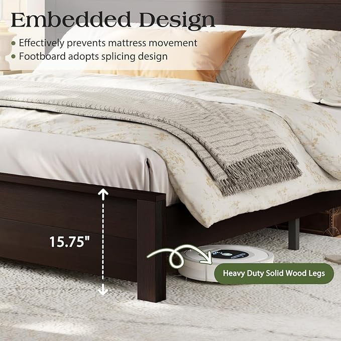 VanAcc Queen Size Wood Platform Bed, Rustic Bed Frame with 51.2" Tall Slatted Headboard, Wooden Slats & Metal Support, Noise Free, Espresso