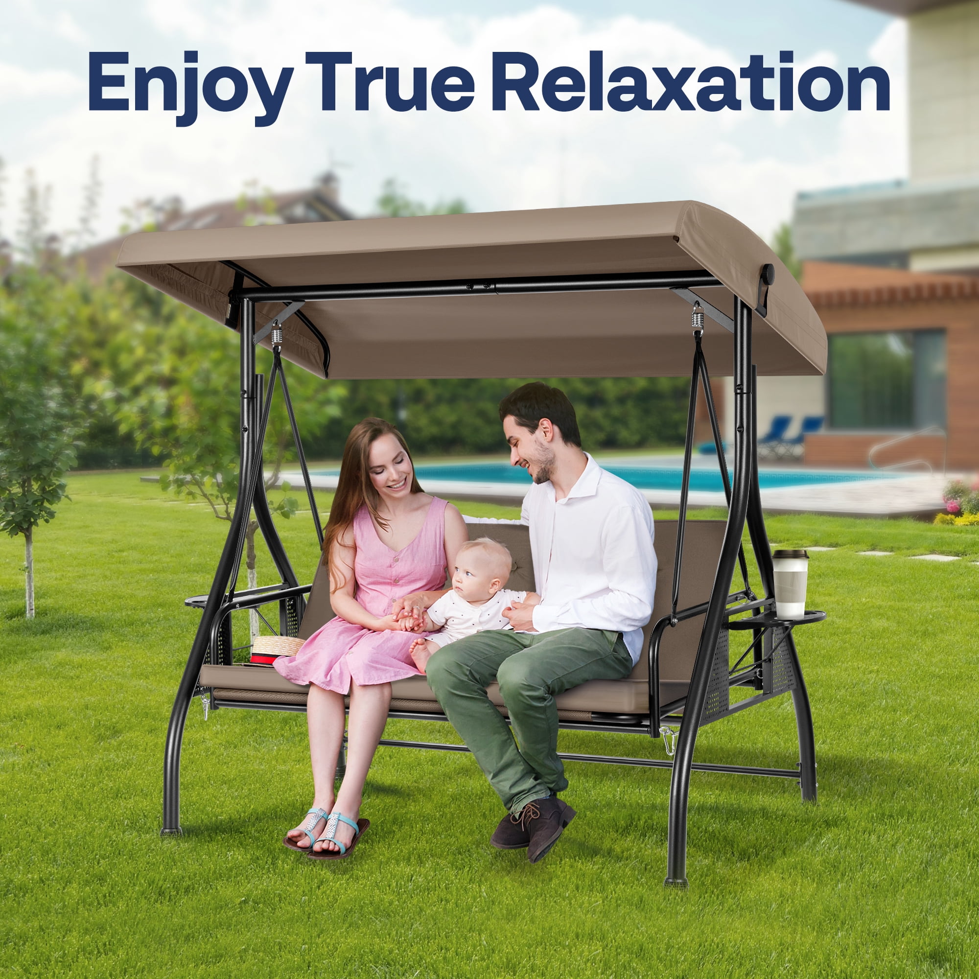 VIVOHOME Outdoor Converting Swing Chair 3-Seat with Canopy, Outdoor Porch Swing Chair with Stand, Gray