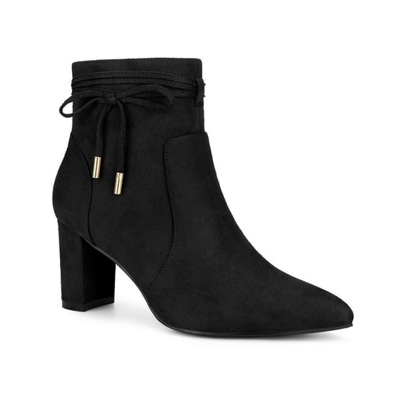BLISSFUL STEP Pointed Toe Bow Block Heel Ankle Boots for Women