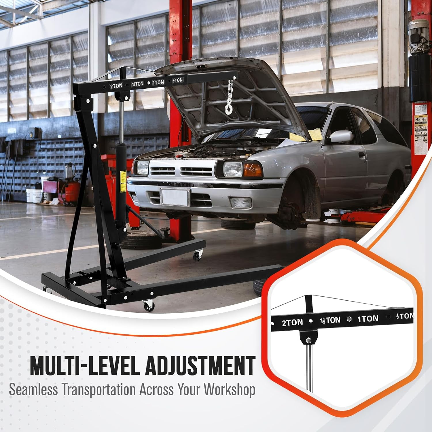 AOILE 2 Ton (4400LB) Engine Hoist Crane with Leveler Stabilizer - Hydraulic Garage Shop Lift Jack