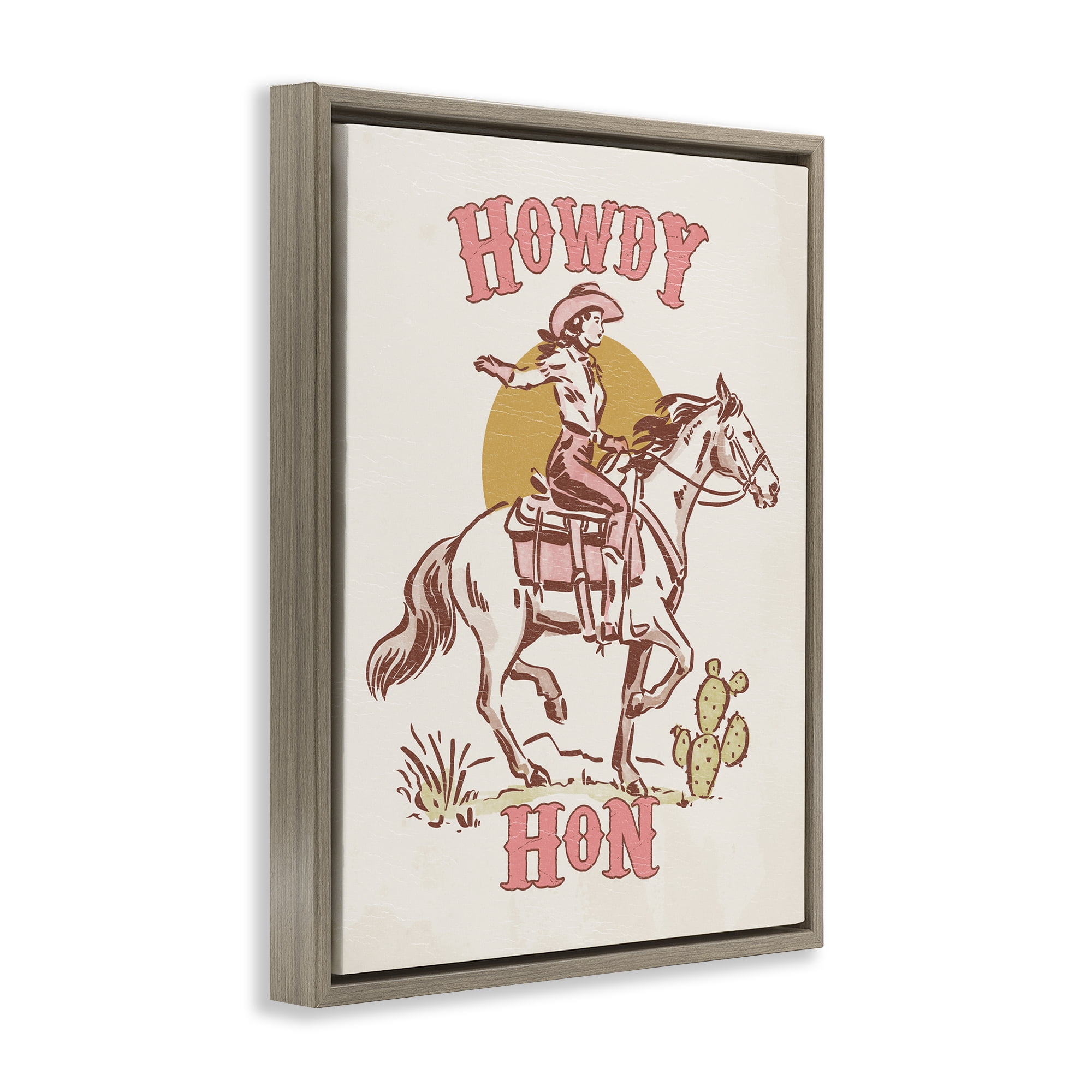 Stupell Industries Howdy Hon Cowgirl Entertainment Painting Brown Floater Framed Canvas Art Print Wall Art, 17 x 21