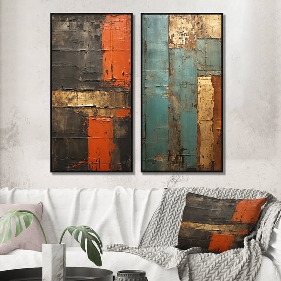 Designart "Time's Passage Orange on Black" Modern Geometric Framed Wall Art Set Of 2 - Modern Black Framed Canvas Set For Living Room Decor