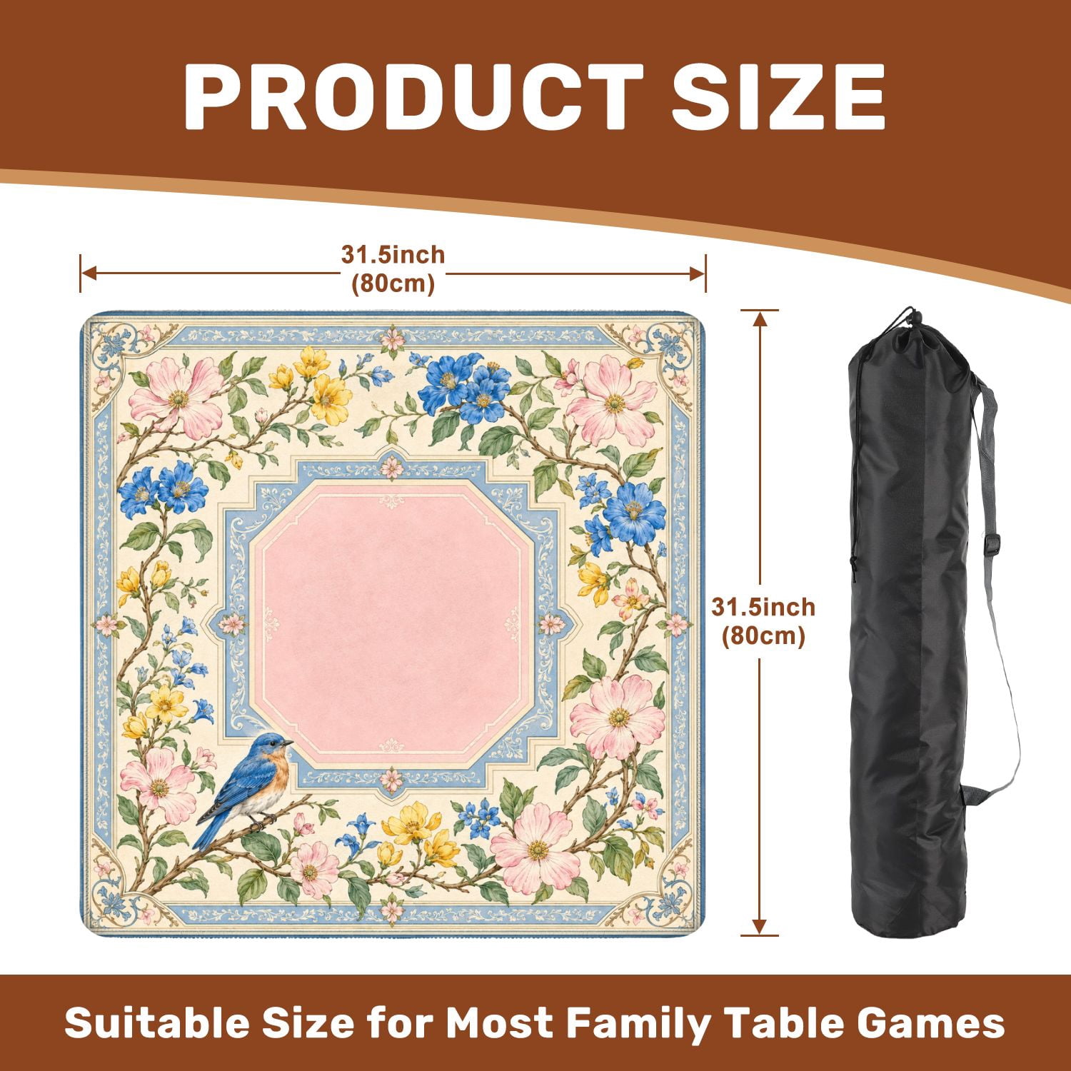 Mahjong Mat 31.5" x 31.5" Floral Border Pink Center Blue Bird Watercolor Non-Slip Noise Reduction Mahjong Tiles Table Cover for Dominoes Poker Card Board and Tile Games
