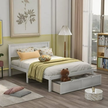 INCLAKE Full Size Platform Bed with Two Storage Drawers, Wood Full Bed Frame with Storage, Solid Wood, No Box Spring Needed-Full White