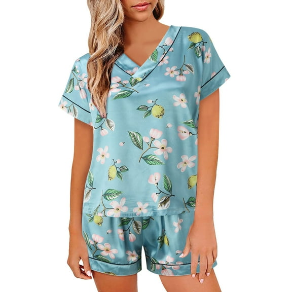 fvwitlyh Super Comfy Womens Pajamas Women Pajamas Set Satin Sleepwear Pajamas V Neck Shirt Shorts Two Piece Pajama Set