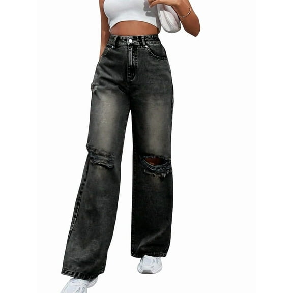 Women'S Ripped Jeans High Waisted Distressed Baggy Straight Wide Leg Pants Dark Gray S