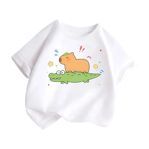 FUZHIQ Cute Shirts for Boys Girls Short Sleeve Capybara Graphic Tees Crewneck Cartoon Casual Cotton T-Shirt Kids Summer Tops Clothes,7-8 Years