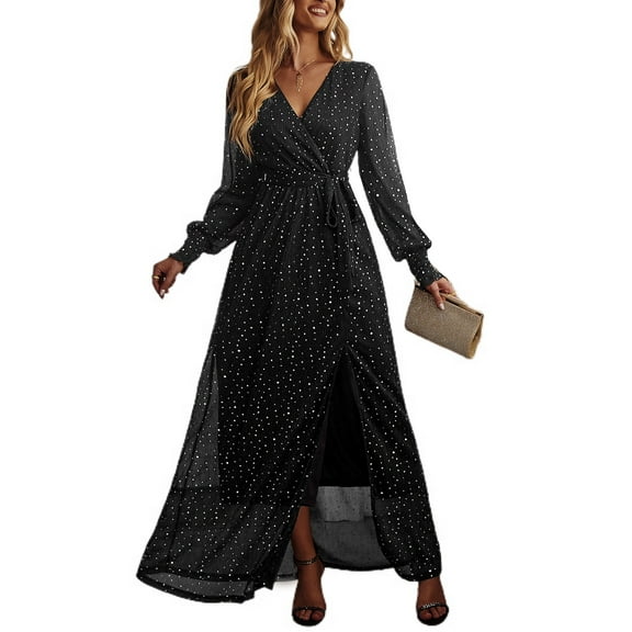 SWSMCLT Women's Long Sleeve Dresses Party High Waist Fitted Winter Deep V Neck Sequin Maxi Dress Fall Long V Neck Black X-Large