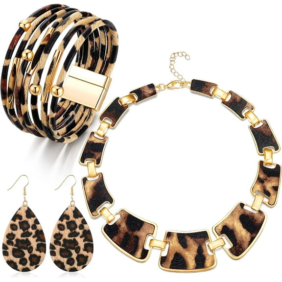 Lsupdaol 3 Pieces Bohemia Leopard Jewelry Set Leopard Print Party Supply Safari Costume Multilayer Leather Cuff Bracelet Earrings Necklace Collar Bib for Women