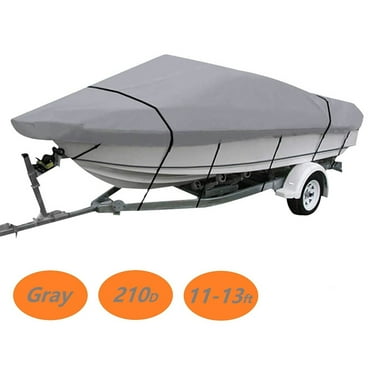 Labwork V-Hull Boat Cover, 210 Denier Polyester Waterproof Heavy Duty Gray Boat Cover with Adjustable Straps Suitable for 11ft 12ft 13ft Tri-Hull Fishing Boat